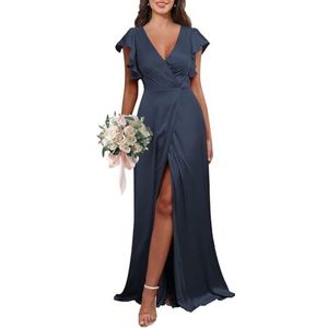 KURFACE Satijnen bruidsmeisjesjurken met V-hals, V-hals, V-hals, met mouwen, A-lijn, V-hals, formele avondjurk, Donkerblauw, 32