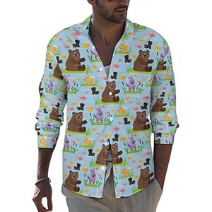 Bear Character Teddy Pose heren revers shirt met lange mouwen button down print blouse zomer zak T-shirts tops XL