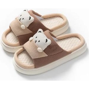 HKYBCF Stoffen pantoffels lente zomer strik slippers voor vrouwen thuis slippers lichte dames slippers schoenen vrouw dikke zool platte linnen sandalen (A-bruin, 40-41)