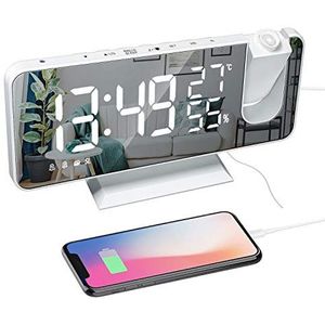 ThreeH Projectiewekker met USB-oplader, 180° draaibare projector, wekker met FM-radio 7,4 inch spiegeldisplay, 2 geluiden, 4 dimmers, wit