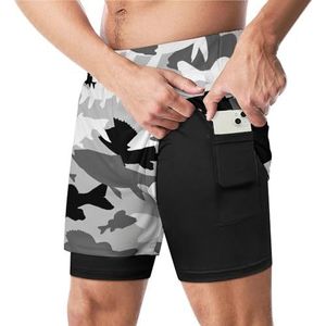 Grijze Zwarte Camo van Zoetwatervissen Grappige Zwembroek met Compressie Liner & Pocket Voor Mannen Board Zwemmen Sport Shorts