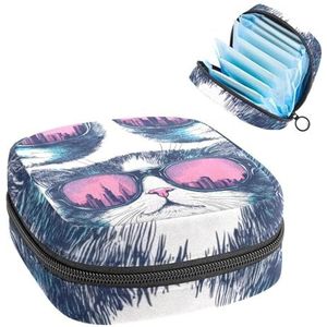 Opbergtas voor maandverband, kattengezichten met zonnebrilpatroon, draagbare maandverband, inlegkruisjes, tampons, maandverband, opberghouder voor vrouwen, school, kantoor