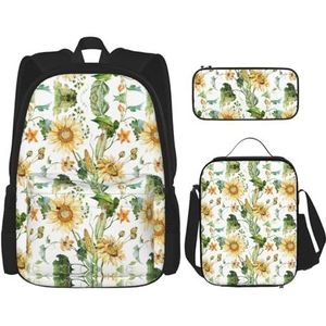 SUHNGE Driehoeken Patronen Print 3 Stuks Rugzak Schooltas met Lunch Tas Set Potlood Case voor Meisjes Middelbare School, Zonnebloem en maïs, Eén maat