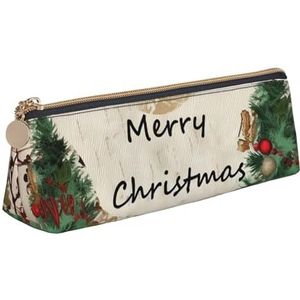 Dwrepo Lederen etui voor vrouwen mannen potlood tas met rits draagbare etui Merry Christmas Pen Bag kleine make-up tas munt zakje voor werk kantoorbenodigdheden