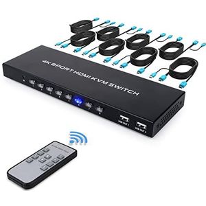HDMI KVM Switch 8 Port 4K HDMI schakelaar KVM met IR-afstandsbediening en 8 PC's 2 in 1 kvm kabels, ondersteunt USB 2.0-apparaat toetsenbord muis harde schijven en printer