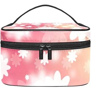 Roze Romantische Bloemenpatroon Witte Make-up Organizer Bag, Reizen Make-up Tas Organizer Case Draagbare Cosmetische Tas voor Vrouwen en Meisjes Toiletartikelen, Meerkleurig, 22.5x15x13.8cm/8.9x5.9x5.4in