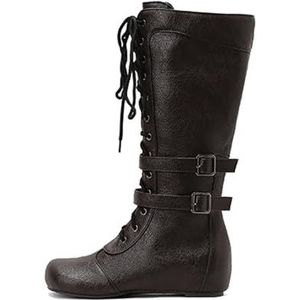 Dames Veterlaarzen Met Dubbele Gesp Klassieke Lange Laarzen Met Rits PU Leren Rijlaarzen Met Lage Hak Dames Retro Middeleeuwse Schoenen For Feestjes(Black,43 EU)