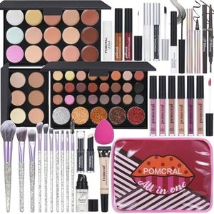 All in One Makeup Kit Oogschaduwpalet, vloeibare eyeliner, lipgloss, lipstick, make-up kwasten, mascara, wenkbrauwpotlood, concealer, gezichtspoeder, primer gezicht make-up beauty cosmetische tas