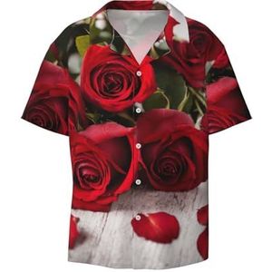 OdDdot Rode roos bloemenprint herenoverhemden atletisch slim fit korte mouw casual zakelijk overhemd met knopen, Zwart, XL