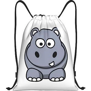 DEHIWI Cartoon Hippo Trekkoord Rugzak Tas Waterdichte Sport String Bag Sackpack Cinch voor Gym Winkelen Sport Yoga, Zwart, Small