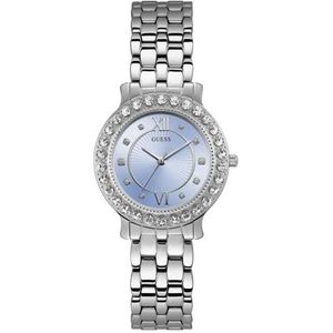 GUESS Dames 34mm horloge - zilverkleurige armband blauwe wijzerplaat zilverkleurige kast, zilverkleurig, Zilveren toon