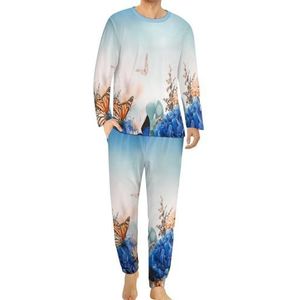 Vlinder Daisy Hortensia Bloem Comfortabele Heren Pyjama Set Ronde Hals Lange Mouw Loungewear met Zakken 3XL