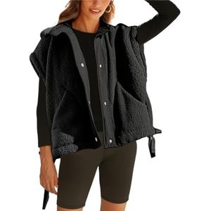 Winter Mouwloos Jas Dames Fuzzy Vest Mouwloos Jack Warm Button-down Bodywarmer Met Zakken Mouwloos Vest Warme(Black,XL)