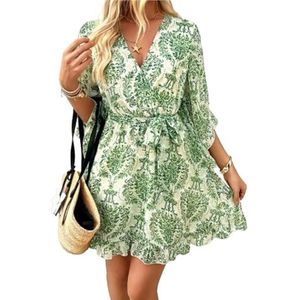 CupitiDU Dames Boho Bloemen Gedrukt Chiffon Jurken, Casual Zomer V-hals Chiffon Lange Boerenmouwen Vloeiende Orset Jurk, Wit-groen, XL