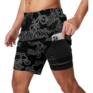 Bmx Bike Zwembroek voor heren, sneldrogend, 2-in-1 strandsportshorts met compressieliner en zak