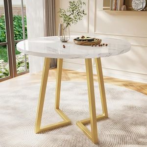 BXEYXE Ronde eettafel (1 stuk), keukentafel, uniek metalen frame, moderne marmeren eettafel, geschikt voor eetkamer, woonkamer, wit/goud