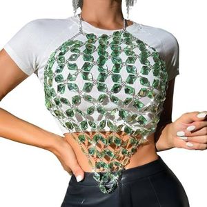 CakfLjkhl Vrouwen rave doorschijnen uitgeholde halter tops schitteren Rhinestone party clubwear body chain,Groen,L
