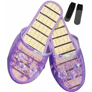 Chinese mesh pantoffels for dames, bloemen, ademend mesh, Chinese sandaalpantoffels met sokken (Color : Purple, Size : 40 EU)