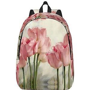 NOKOER Roze tulpen bedrukte canvas rugzak,Laptop rugzak,Lichtgewicht reisrugzak voor mannen en vrouwen, Zwart, Medium