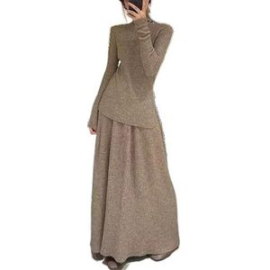 MLSHWUG Damesmode Coltrui Trui Met Zijsplitten 2-Delige Stretch Rok Outfits,Khaki,One Size
