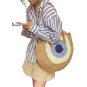 Handtas, gehaakt, stro, rond, grote capaciteit, voor dames, handgemaakt, voor strandreizen en zomervakantie, raffia tassen, Blue, Eén maat