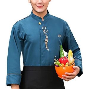 YWUANNMGAZ Unisex restaurant keuken koken chef-kok jas, cafe sushi ober werkkleding, casual lange mouwen chef-kok jassen overall outfit (kleur: blauw, maat: B(L))