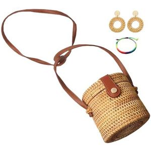 OuLi Store Vrouwen Handgemaakte Cilindrische Vorm Holle Gesneden Rotan Tas Handgeweven Cilindrische Vorm Stro Tas Mand Zomer Strandtas Schoudertas Schoudertas, Meerkleurig