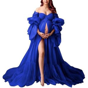 KIYNE Zwangerschapsjurk met lange mouwen voor fotoshoot, tule bruidsjurk, zwangerschapsjurk voor babyborrel, koningsblauw, 32