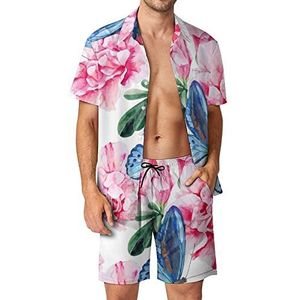 Roze Azalea En Blauwe Vlinders Hawaiiaanse Sets voor Mannen Button Down Korte Mouw Trainingspak Strand Outfits 3XL