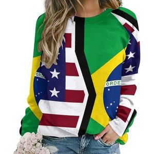 Amerikaanse En Braziliaanse Vlag Nieuwigheid Sweatshirt Voor Vrouwen Ronde hals Top Lange Mouw Trui Casual Grappig