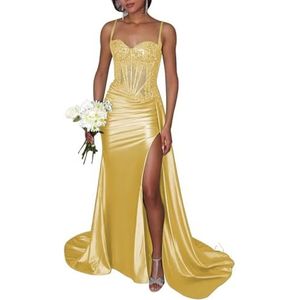 KIYNE Sprankelende pailletten galajurken voor vrouwen met split kant applicatie zeemeermin baljurk formele afstuderen feestjurk, Geel, 34