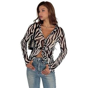 dames topjes Zebra gestreepte print knoop for crop top (Color : Black and White, Size : Small)