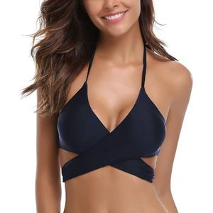 SHEKINI Dames Tweedelige Bikini Set Cross Verstelbaar Bikini Bovendeel Retro Afdrukken Triangel Bikini Broekje Badpak Beachwear (S, Bikinitop-Donkerblauw)