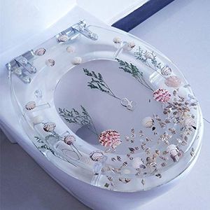 Toilet seat, Toiletbril van transparant hars Echte schelpen en zand - Bacterieel verstelbaar roestvrijstalen scharnier Toiletdekseldeksel Langzaam Soft Close Top Mount V/O/U-vorm, H (Color : C)