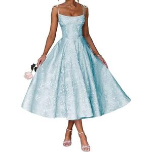 AHERKLL Spaghetti Bandjes Bruidsmeisjes Jurken Bloemen Satijn Jacquard Formele Avond Feest Maxi Jurk Thee Lengte HAH048, Hemelsblauw, 50 grote maten