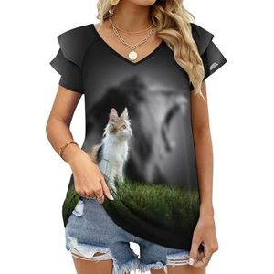 Kat met boze leeuw grafische blouse top voor vrouwen V-hals tuniek top korte mouw volant T-shirt grappig