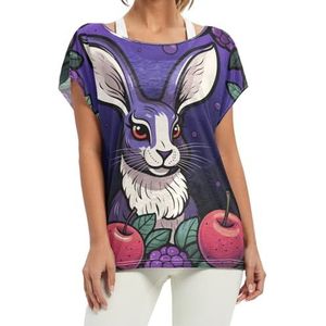 Paars artwork konijn dames korte vleermuismouwen shirt ronde hals T-shirts losse tops voor meisjes, Patroon, XXL