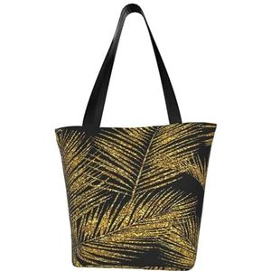 Schoudertas, canvas draagtas grote tas vrouwen casual handtas herbruikbare boodschappentassen, gouden glitter palmbladeren, zoals afgebeeld, Eén maat