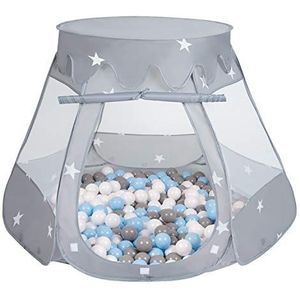 SELONIS Baby speeltent met plastic ballen, tent 105 x 90 cm / 100 ballen, plastic ballen voor kinderen, grijs: grijs, wit, babyblauw