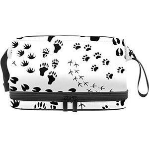 Dubbele Laag Cosmetische Tas Zwart Wit Dier Poten Katten Honden Klauw Draagbare Make-up Tas Reizen Organizer Pouch voor Vrouwen Meisjes Toiletartikelen Tassen, Meerkleurig, 27x15x14 cm/10.6x5.9x5.5 in, Make-up zakje