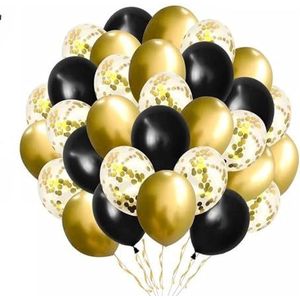FeestmetJoep® Ballonnen - 60 stuks Goud met Zwart Helium Ballonnen met Lint – Verjaardag Versiering - Decoratie voor jubileum - Verjaardagversiering - Feestartikelen - Vrijgezellenfeest - Trouwfeest