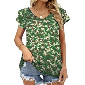 Militaire Groene Camouflage Grafische Blouse Top Voor Vrouwen V-hals Tuniek Top Korte Mouw Volant T-shirt Grappig