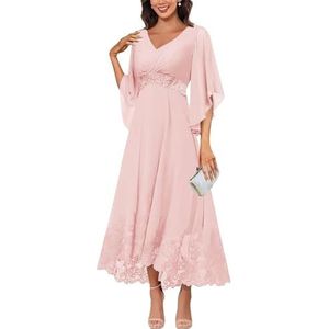 KIYNE Flutter mouw V-hals chiffon moeder van de bruid jurken met kant appliqué formele avondjurk voor vrouwen, Blush Roze, 32
