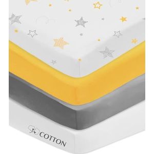 American Baby Company Set van 4 stuks mini-wieglaken 24 x 38 inch, zacht, ademend, neutraal 100% katoenen jersey, draagbaar laken, geel/gele sterren/grijs/wit, voor jongens en meisjes, past op de