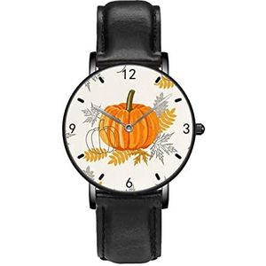 Thanksgiving Maple Bladeren En Pompoenen Herfst Klassieke Patroon Horloges Persoonlijkheid Business Casual Horloges Mannen Vrouwen Quartz Analoge Horloges, Zwart