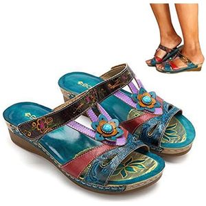 Boheemse mode antislip orthopedische sandalen, dames open teen casual sleehakpantoffels met steunzool, etnisch diasandalen strand Lichtgewicht (Color : Blue, Size : US 8/UK 6.5/EU 40)