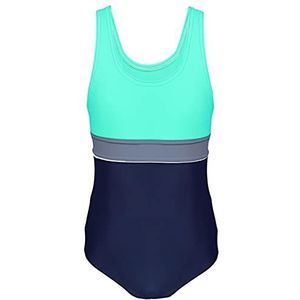 Aquarti Meisjes Badpak met Racerback, 025 Donkerblauw/Grijs/Groen, 146