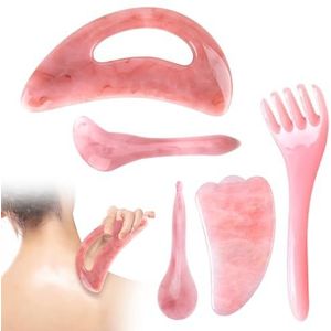 YanBous Gua Sha Set, 5 stuks Gua Sha gezichtsbehandeling met jadesteen, Gua Sha massage, Gua Sha gezichtsmassagetools, set met huidverzorging, lichaamsspieren (roze)