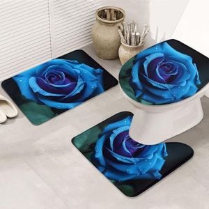 VTCTOASY Romantische Blauwe Rose Print Badkamer Tapijten Sets 3 Stuk Absorberend Toilet Deksel Cover Antislip U-vormige Contour Mat voor Toilet Badkamer