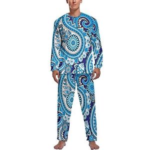 Paisley blauwe print patroon zachte heren pyjama set comfortabele lange mouwen loungewear top en broek geschenken XL